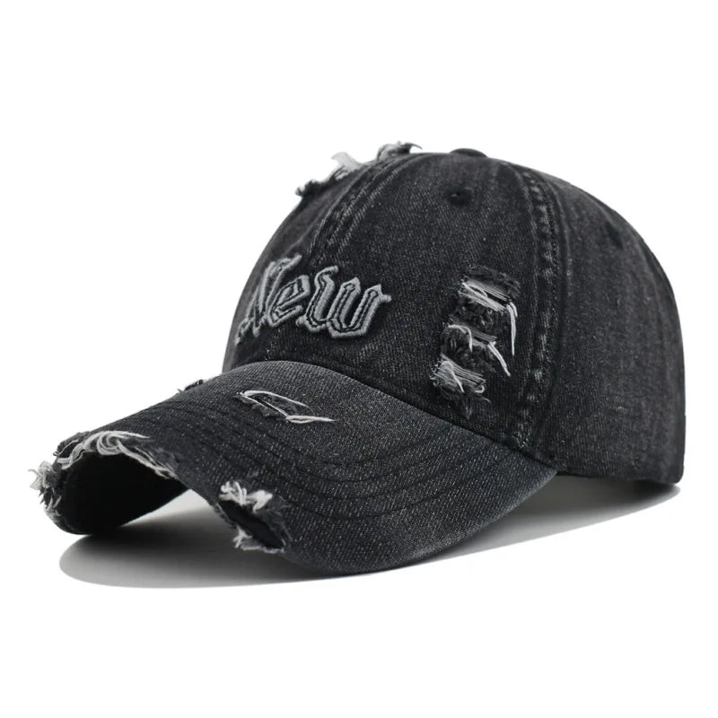 New York Distressed Denim Cap in Light Denim - side view