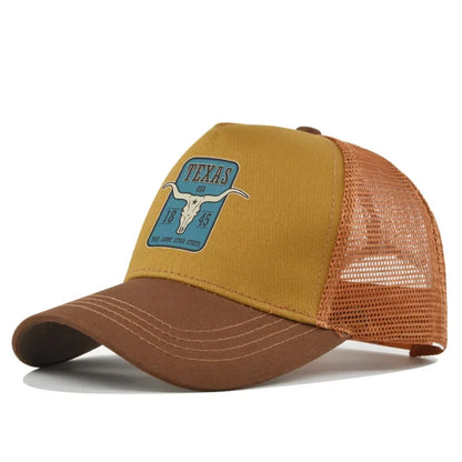 Texas Longhorn Mesh Trucker Cap in Mustard - side view