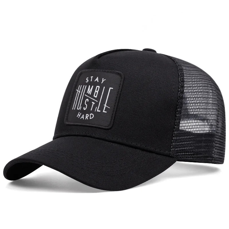 Stay Humble Hustle Hard Trucker Cap in Black - front view