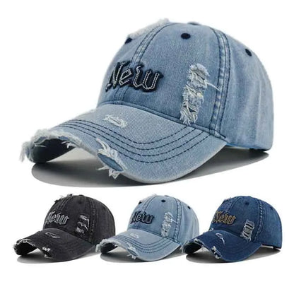 New York Distressed Denim Cap in Dark Denim - front view