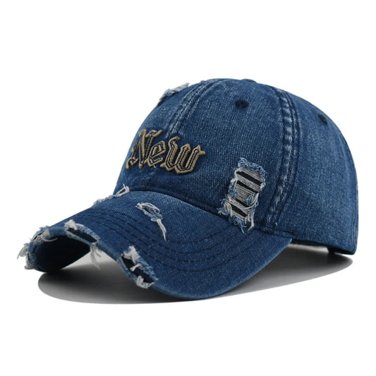 New York Distressed Denim Cap in Black - side view