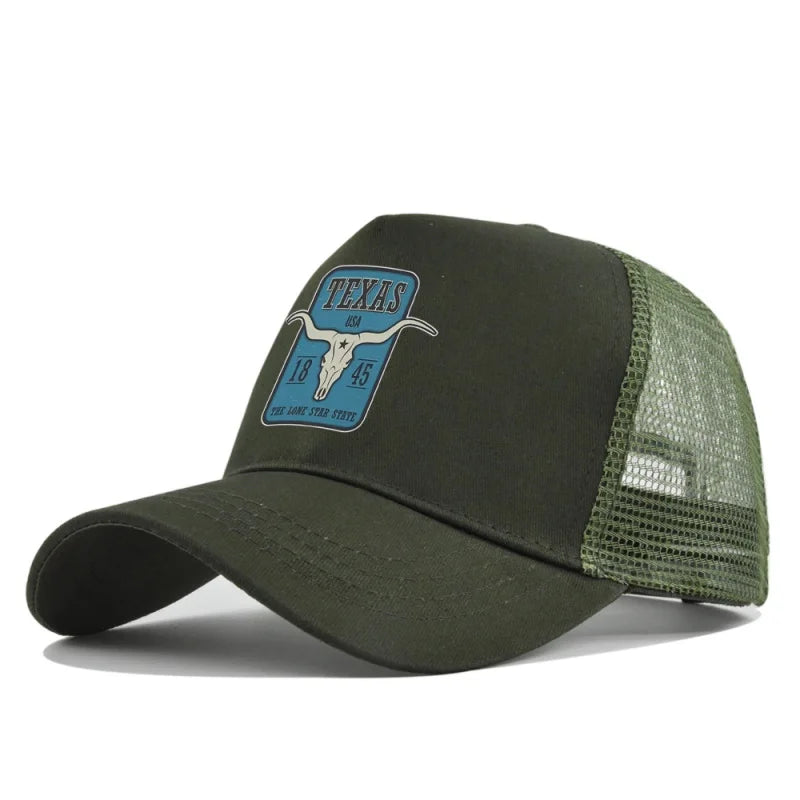 Texas Longhorn Mesh Trucker Cap in Olive - side view