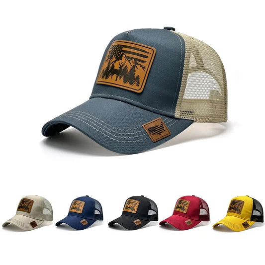 Frontier Leather Patch Trucker Cap in Denim Blue - front view