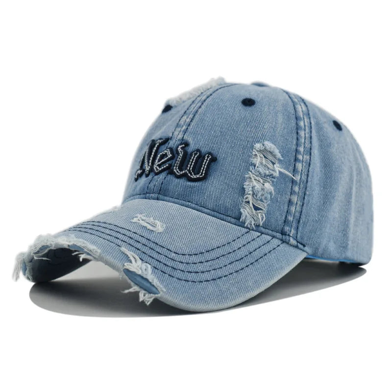 New York Distressed Denim Cap in Washed Blue - side view
