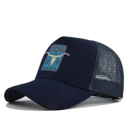 Texas Longhorn Mesh Trucker Cap in Navy - side view