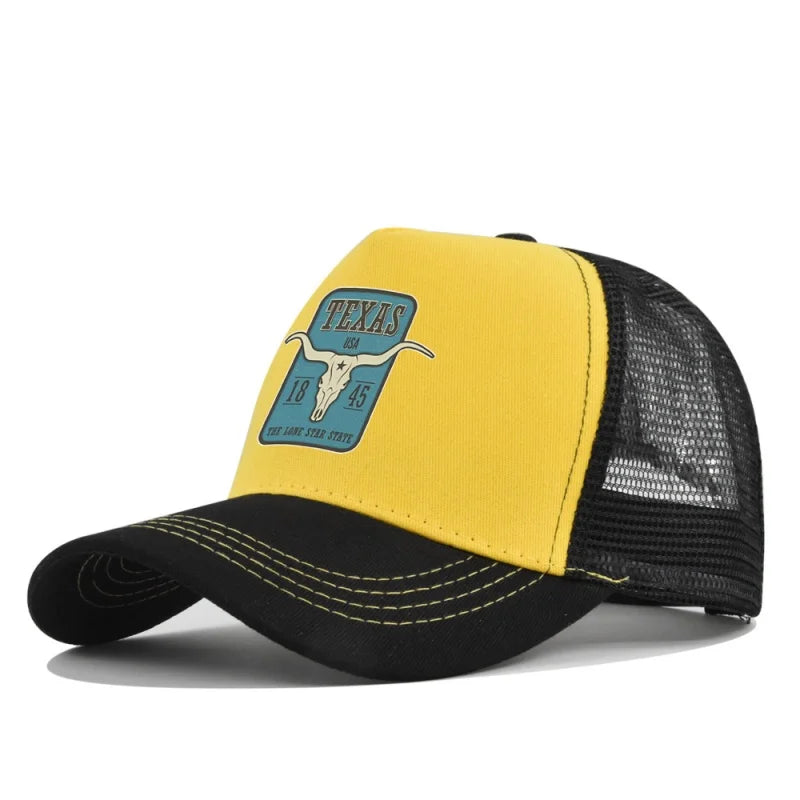 Texas Longhorn Mesh Trucker Cap in Yellow - side view