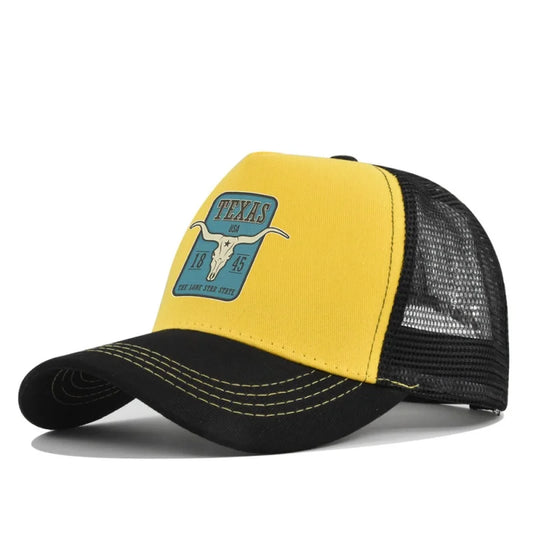 Texas Longhorn Mesh Trucker Cap in Yellow - side view