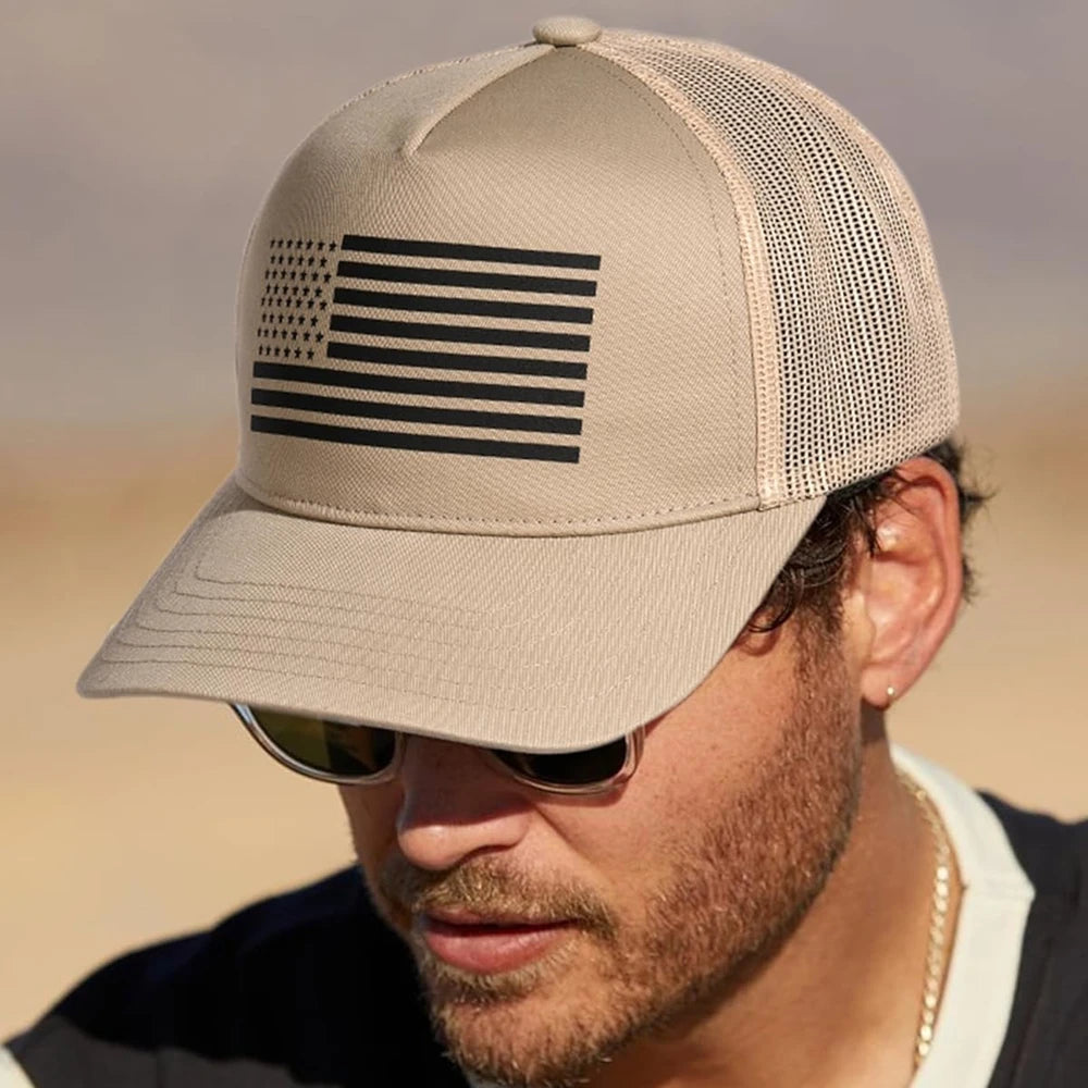 Old Glory Performance Trucker Cap in Khaki - front view