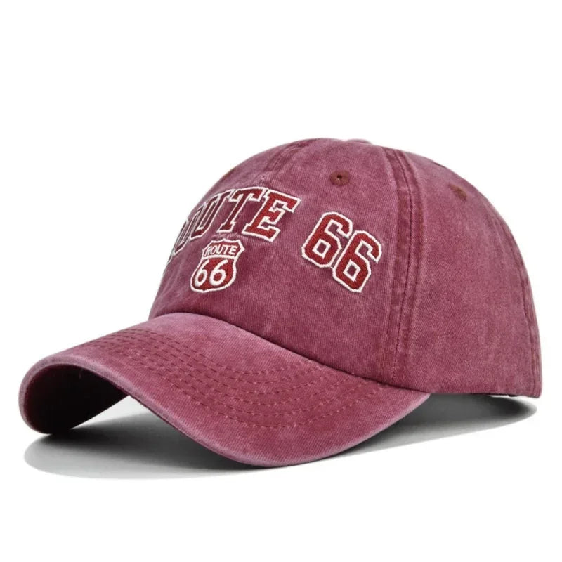 Route 66 Sun-Faded Cotton Cap in Burgundy - side view